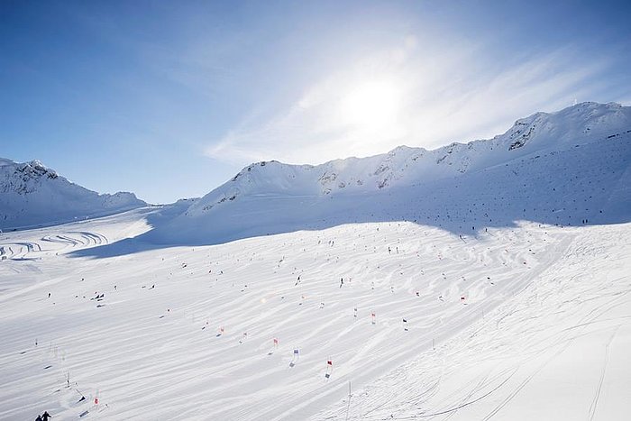Ski training on the Grawand ski run on the Val Senales Glacier