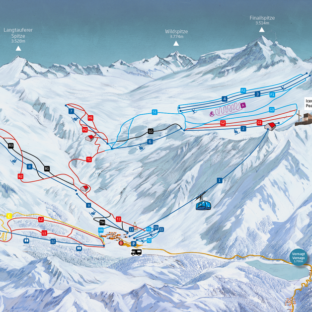 Slope map for the Val Senales ski area in Italy with ski lifts and cable cars